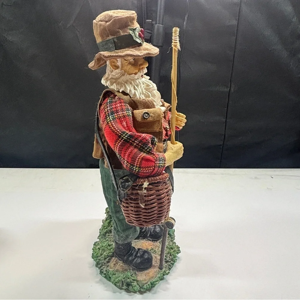 Santa Fisherman Figurine Statue Fishin Pole-Fish-Creel Basket Vest Hat 12